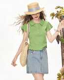 Ruffled Sleeve Short Button T-Shirt