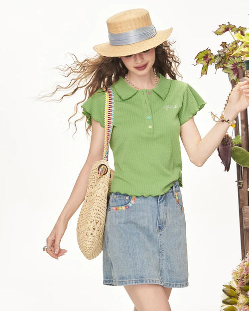Ruffled Sleeve Short Button T-Shirt
