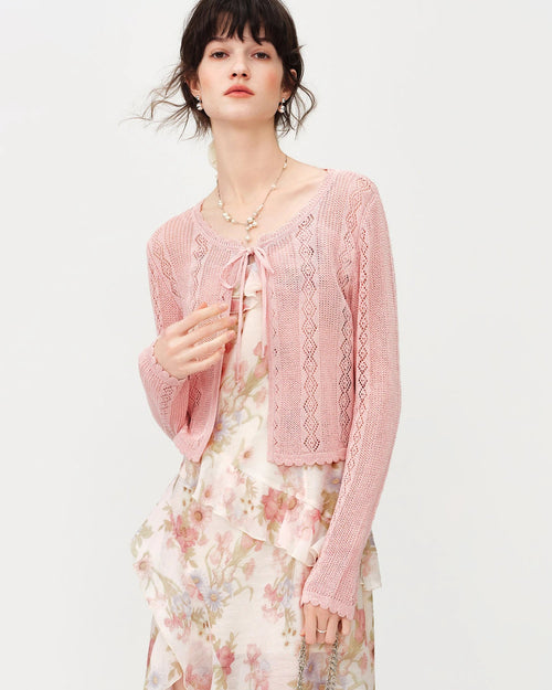 Linen Blend Open-Knit Lace-Up Cardigan