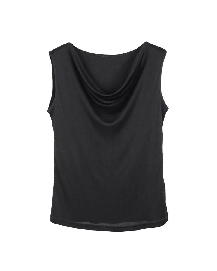 Silk-Viscose Draped Collar Sleeveless Tank Top