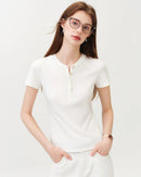 Cotton Lyocell Button-Trim Fitted Tee