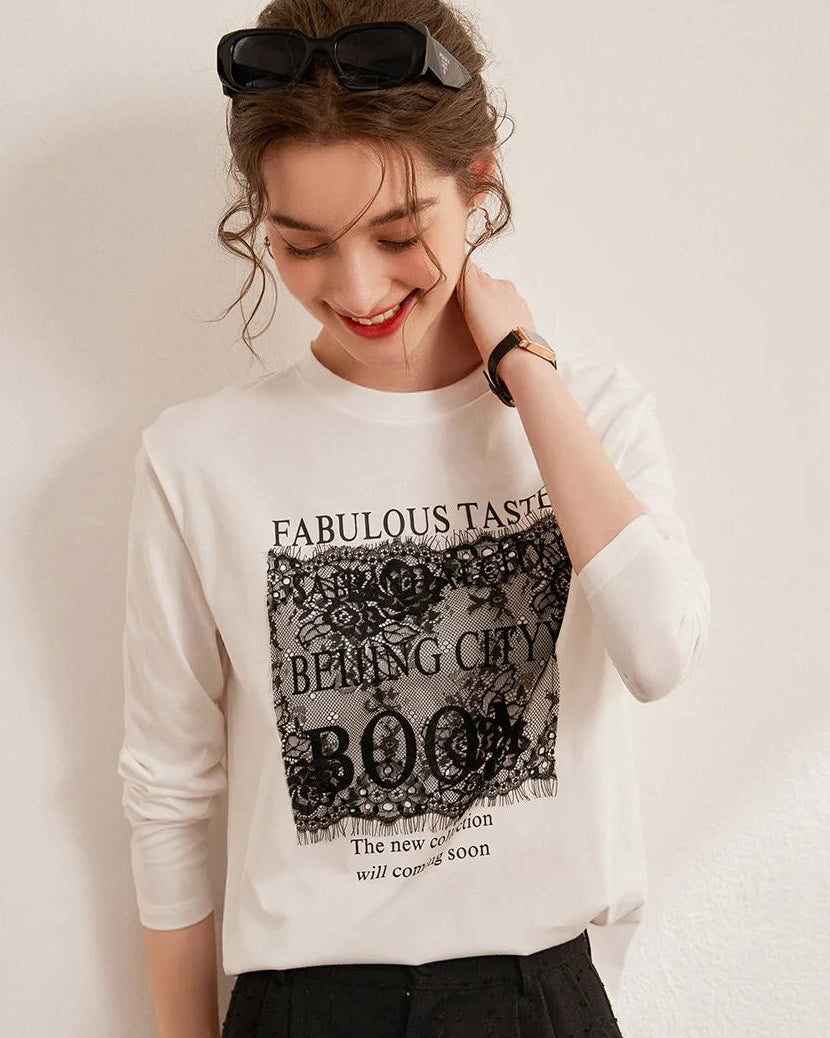 Letter Lace Patchwork Round Neck T-Shirt