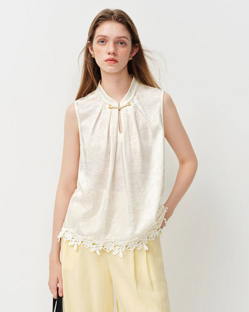 Stand-Collar Frog-Button Sleeveless Shirt