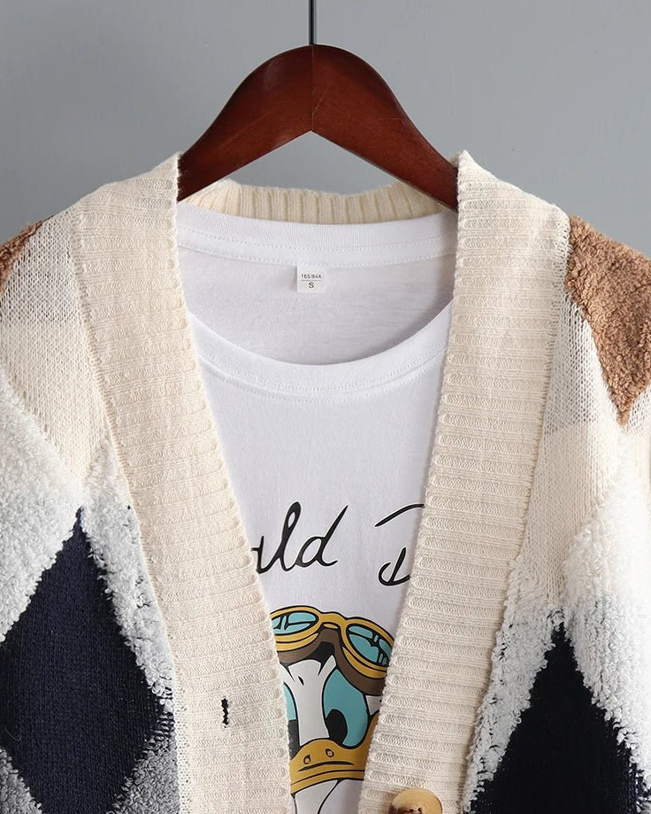 Fleece Patchwork Vintage V-Neck Short Cardigan
