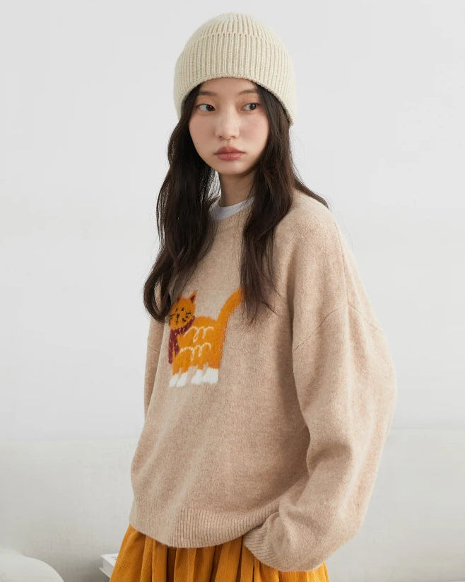 Cartoon Cat Appliqué Knit Sweater
