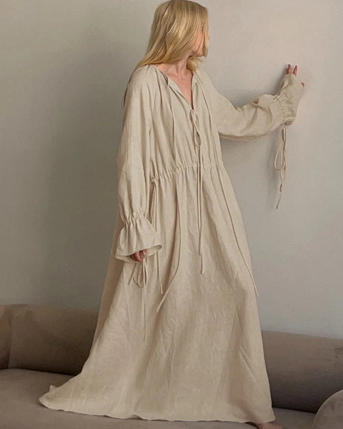 Cotton Lace-Up Flare Sleeve Maxi Dress