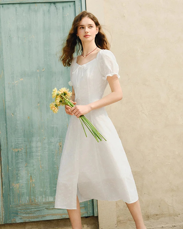 Embroidered Lace Collar Puff Sleeve White Dress