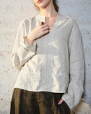 Loose-Fit Linen V-Neck Long-Sleeve Shirt