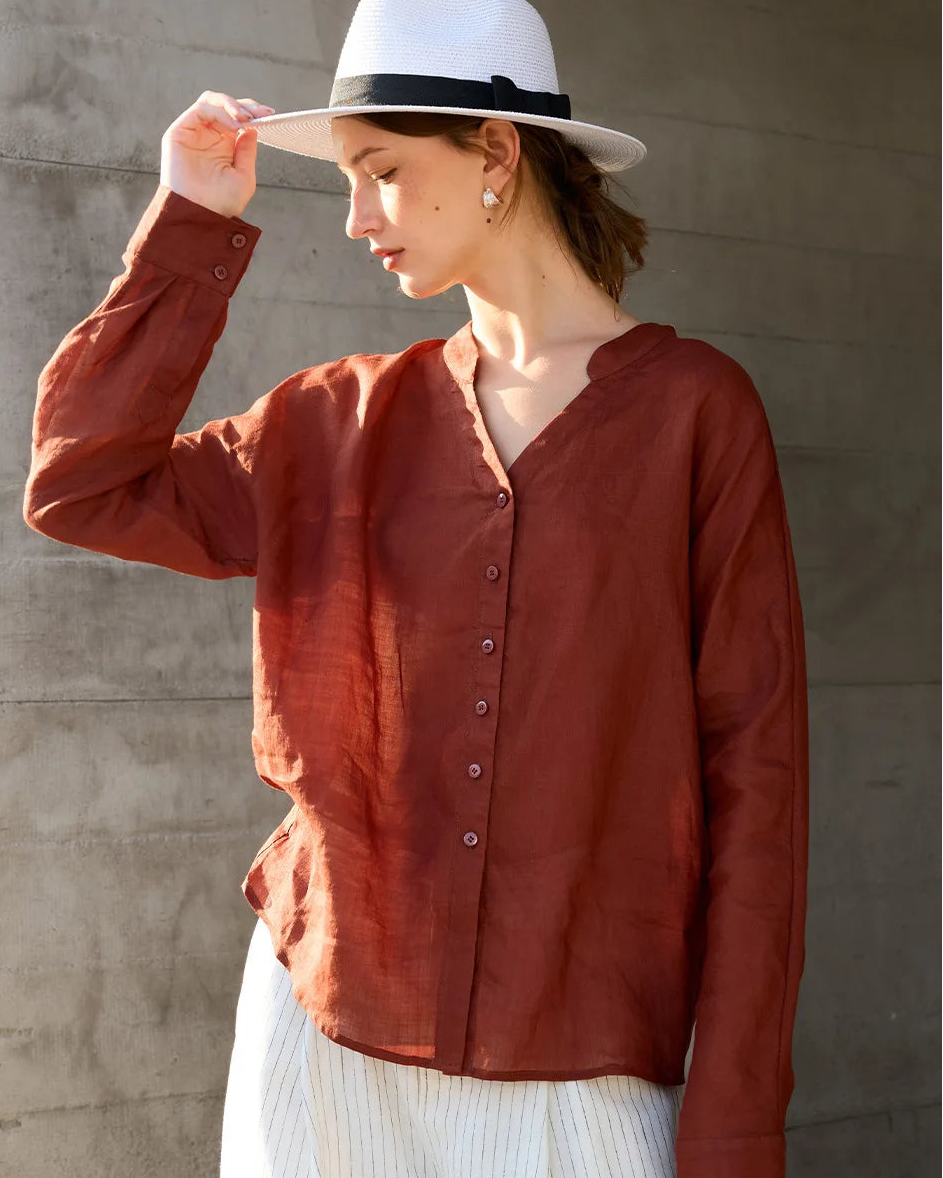 Ramie V-Neck Button-Down Shirt