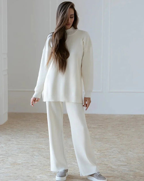 Half Turtleneck Sweater & Wide Leg Pants Knitted Set