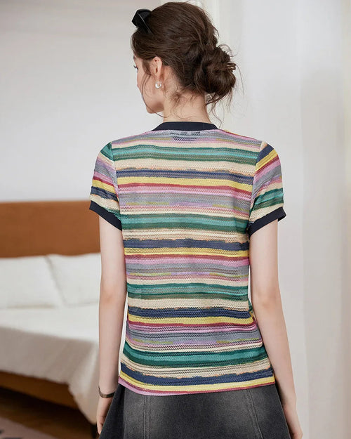 Round Neck Colorful Striped Knit T-Shirt