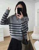 Half Zipper Striped Pure Cashmere Pullover