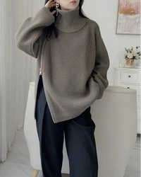 Oversized Irregular Zipper High Neck Cashmere Sweater