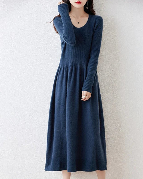 Round Neck Long Sleeves 100% Wool Knitted Dress