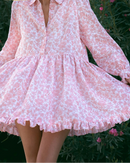 Print Lapel Long-Sleeve Pleated Mini Dress