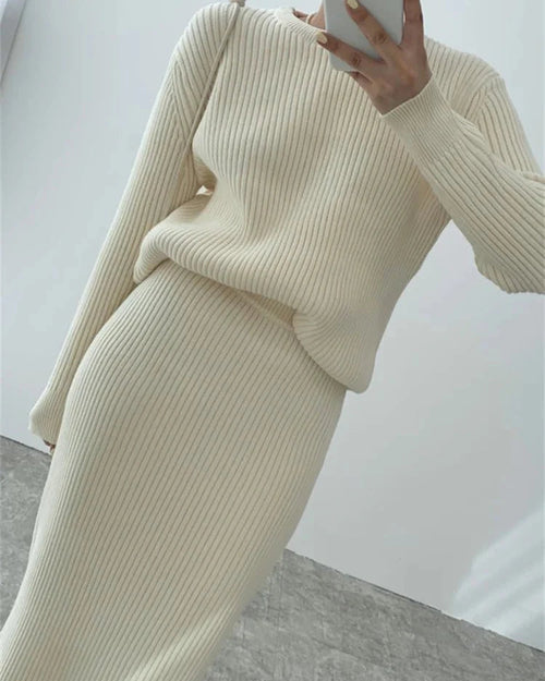 Ribbed Knited Round-Neck Sweater & Midi Skirt Set