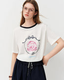 Crew neck t-shirt featuring a sweet cool letter print design. This roomy short-sleeve top is crafted from a soft cotton-polyester blend, offering a relaxed Korean-inspired silhouette perfect for casual spring and summer styling.