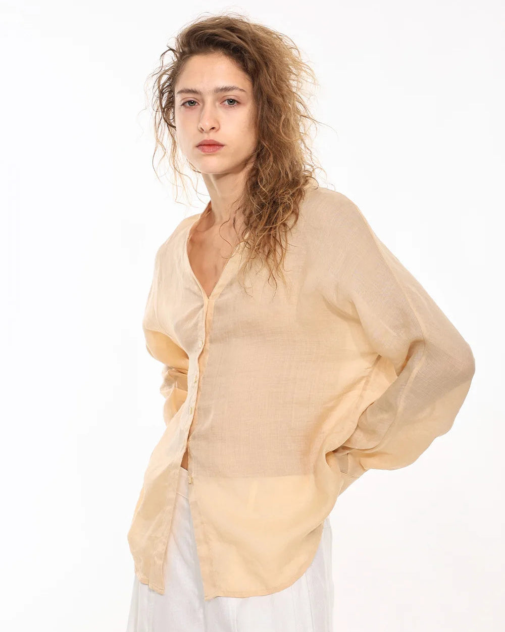 Ramie V-Neck Button-Down Shirt
