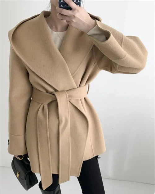 Hooded Wool Blend Wrap Coat