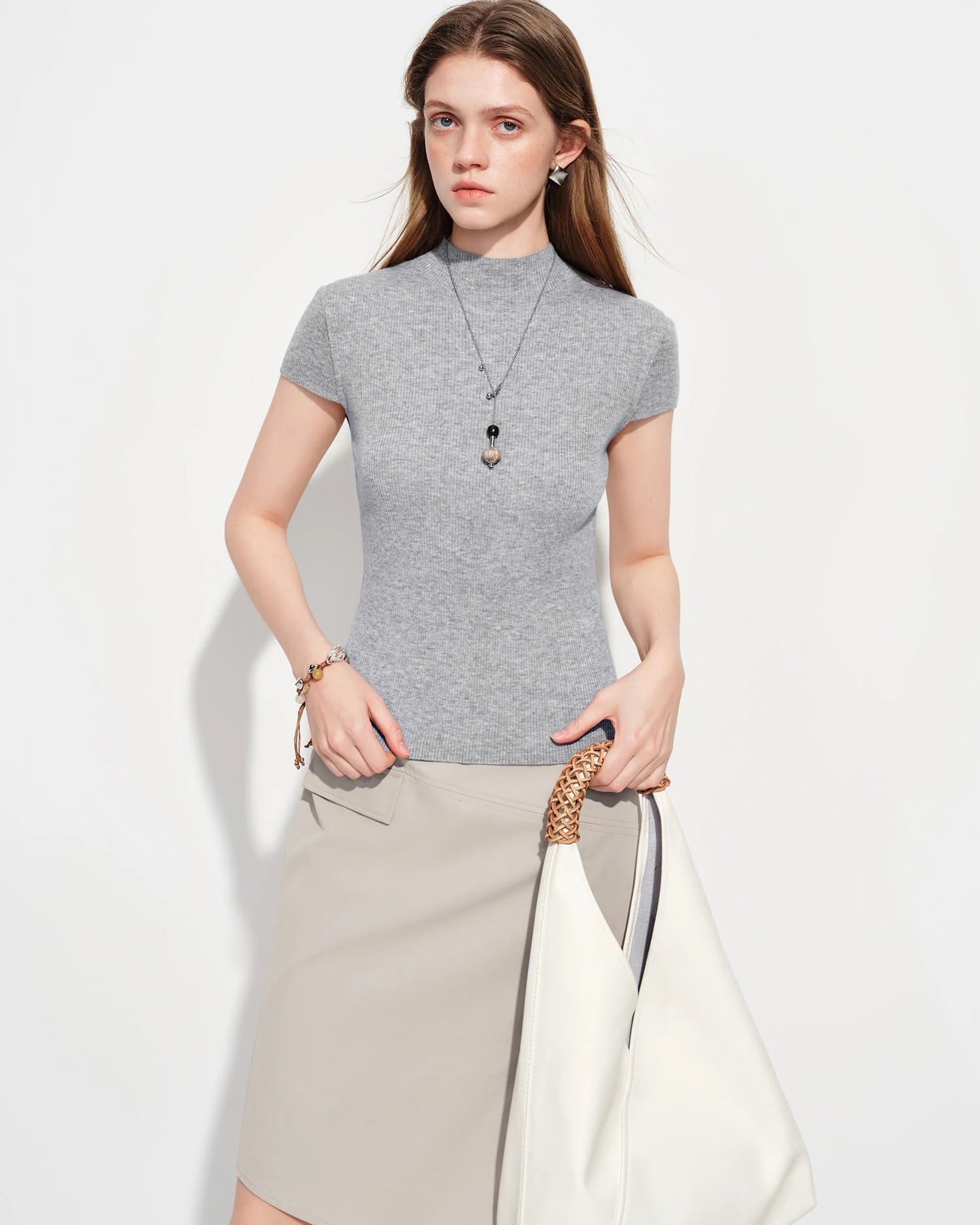 Semi-High Neck Short-Sleeve Knit Sweater