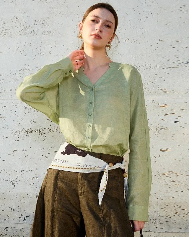 Ramie V-Neck Button-Down Shirt