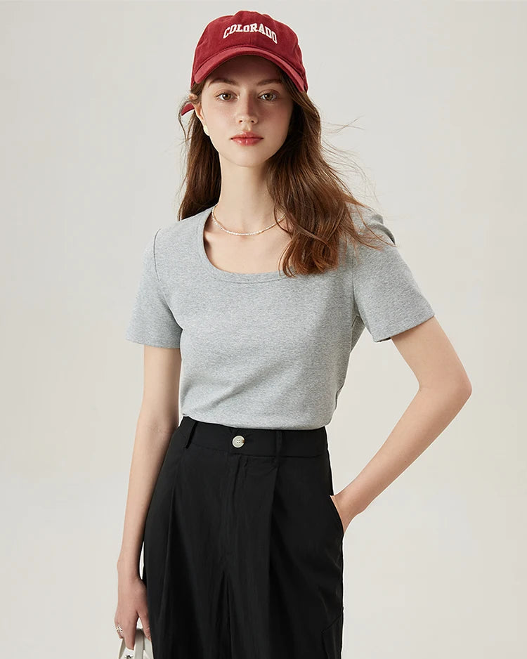 Soft Stretchy Square-Neck Knit T-Shirt