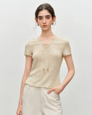 Beaded V-Neck Tie-Front Knit T-Shirt