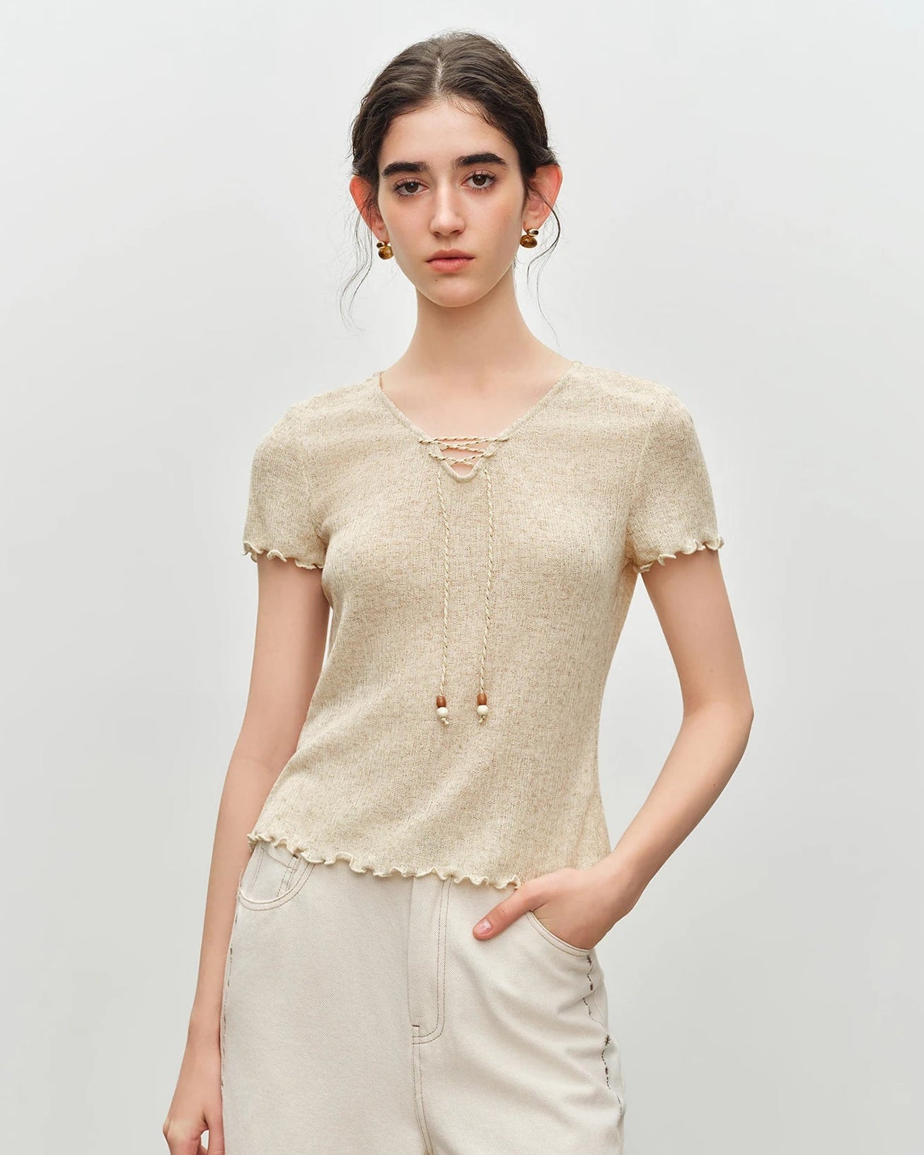 Beaded V-Neck Tie-Front Knit T-Shirt
