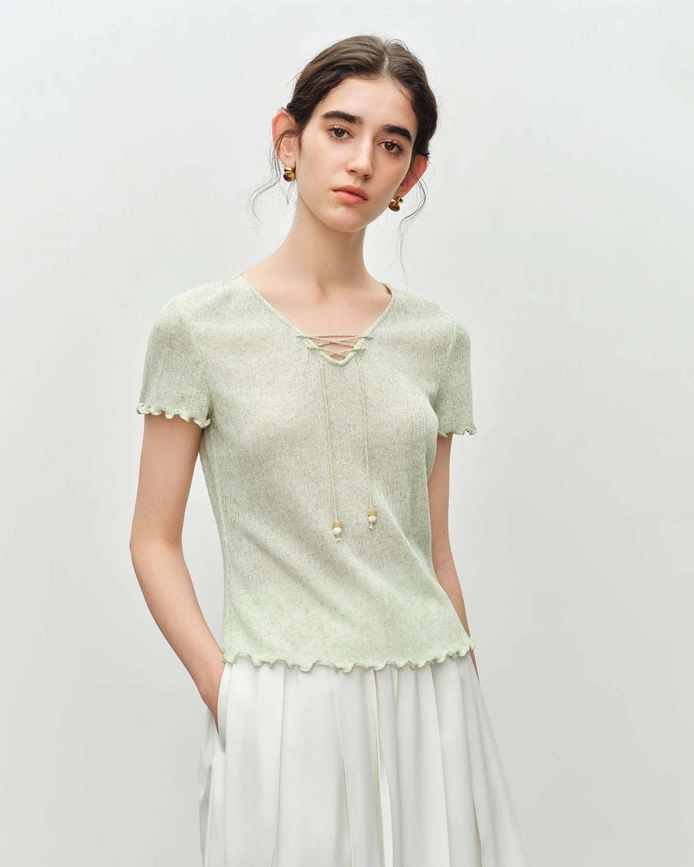 Beaded V-Neck Tie-Front Knit T-Shirt