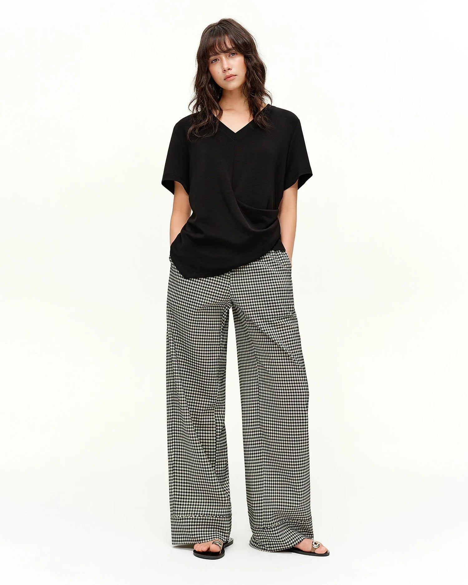 Plaid High-Waist Straight-Leg Blend Trousers