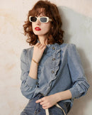 Ruffled Stand-Up Collar Denim Shirt