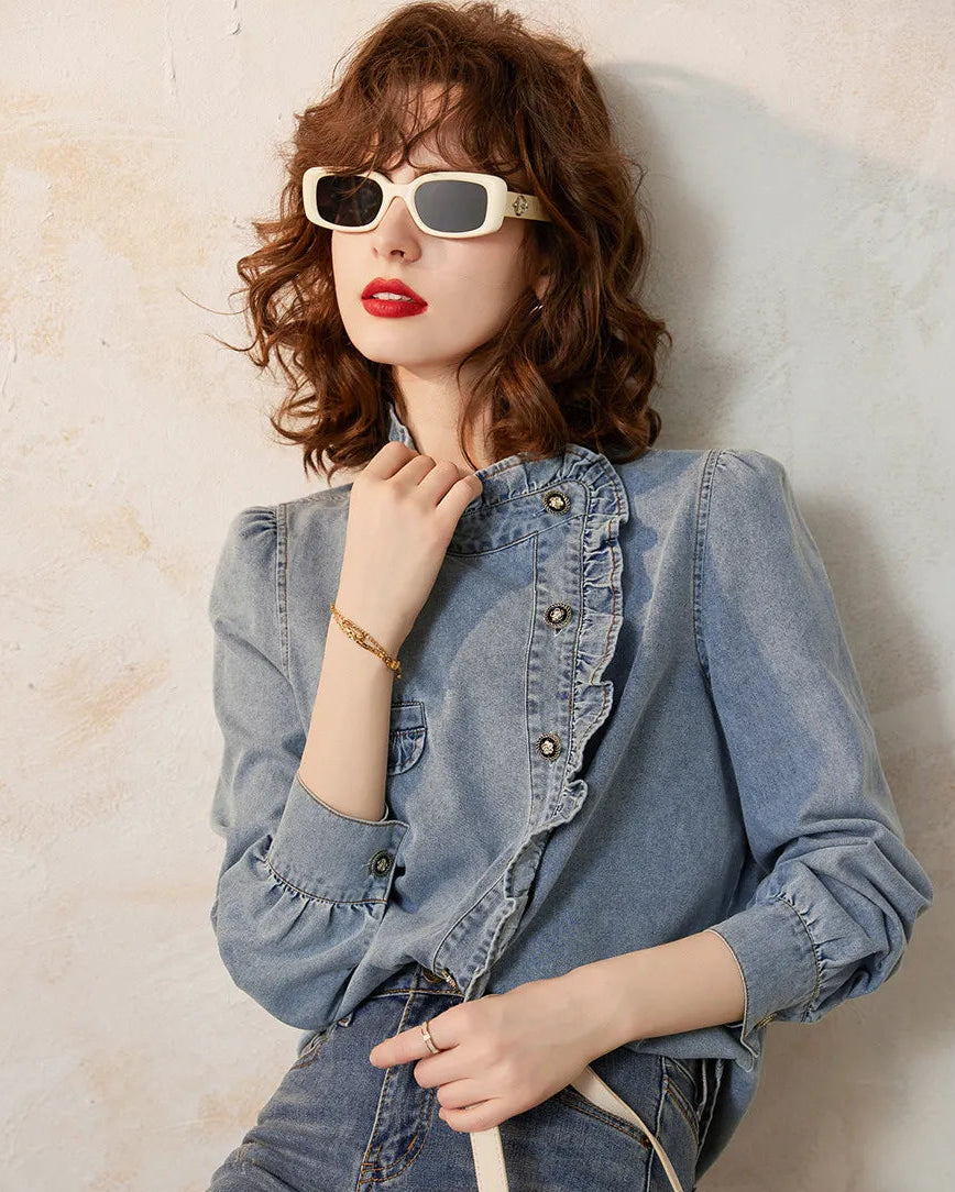 Ruffled Stand-Up Collar Denim Shirt