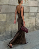Satin Spaghetti-Strap Backless Floor-Length Dress