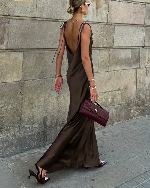 Satin Spaghetti-Strap Backless Floor-Length Dress