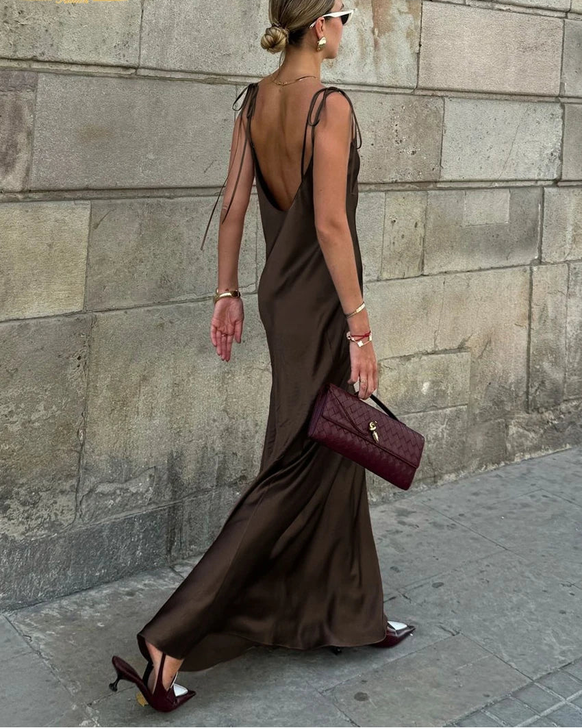 Satin Spaghetti-Strap Backless Floor-Length Dress