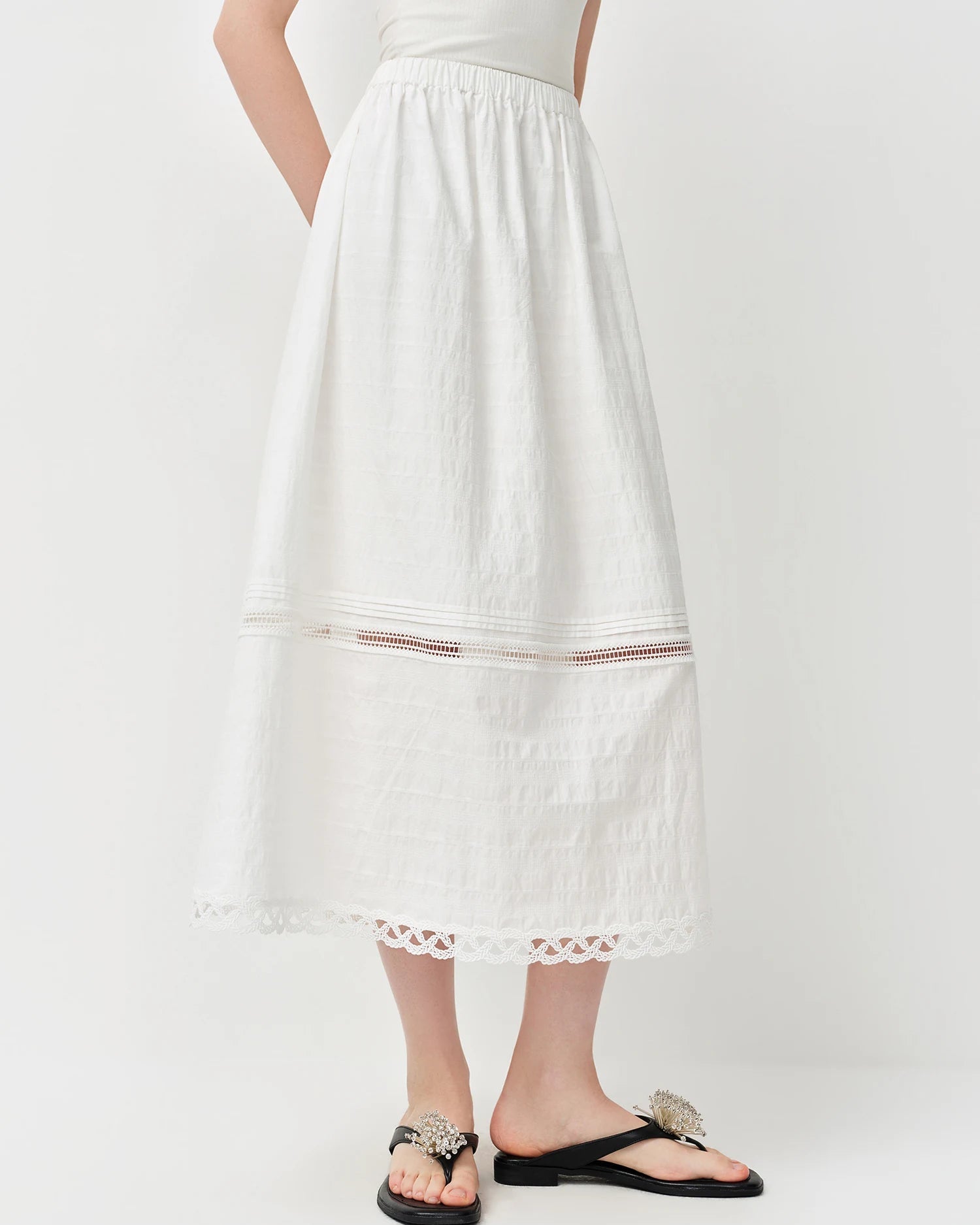 Cotton Lace-Trimmed A-Line Midi Skirt