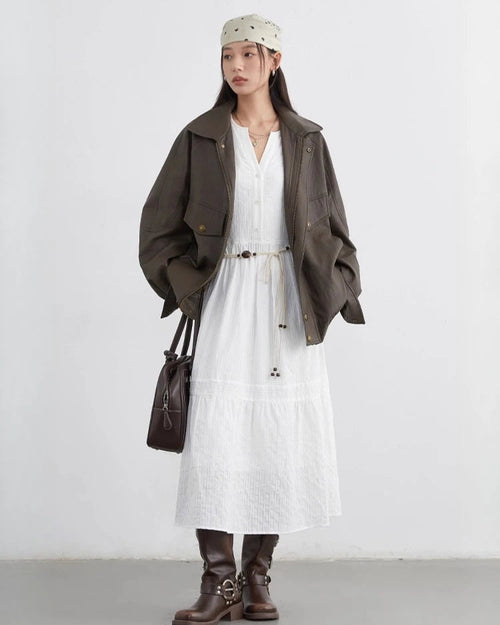 Striped Lantern Sleeve A-Line Midi Dress