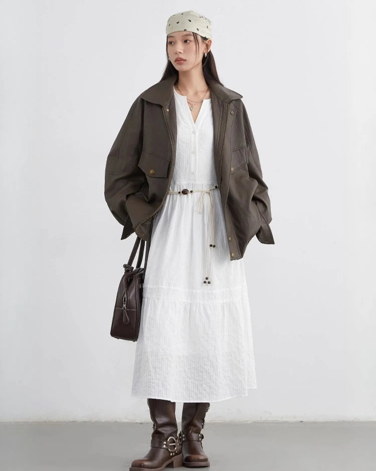 Striped Lantern Sleeve A-Line Midi Dress