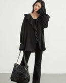 Ruffled V-Neck Loose Lyocell Casual Blouse