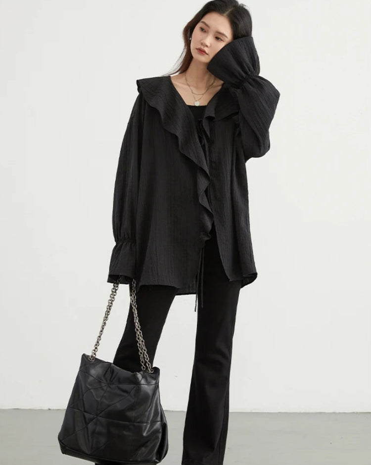 Ruffled V-Neck Loose Lyocell Casual Blouse