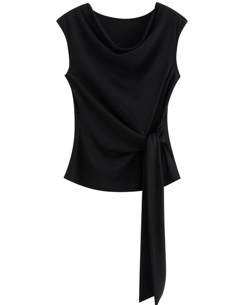 Pleated V-Neck Sleeveless Knit T-Shirt