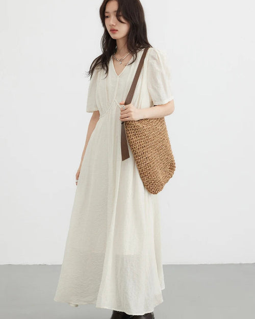 Retro V-Neck Puff Sleeve Loose Dress