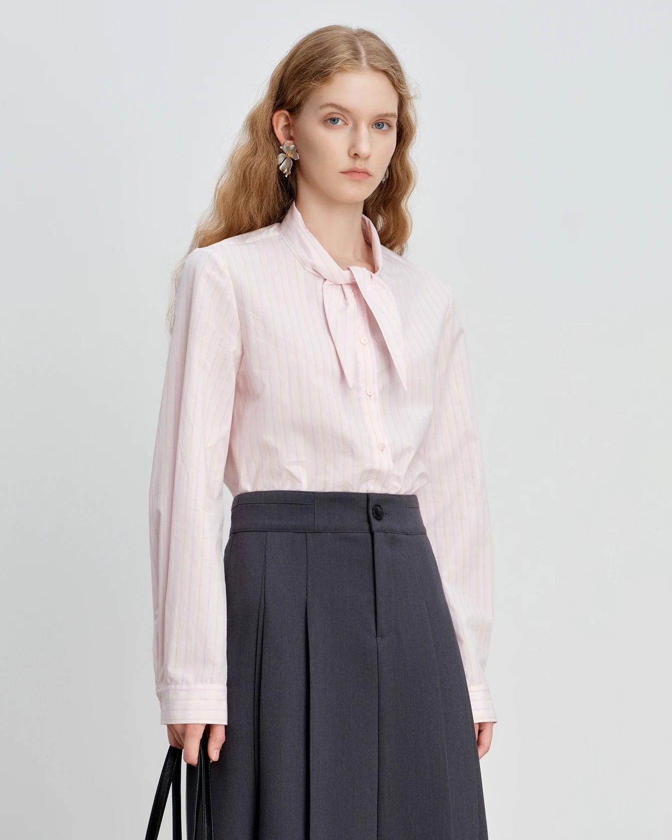 Striped Cotton Bunny-Tie Collar Shirt