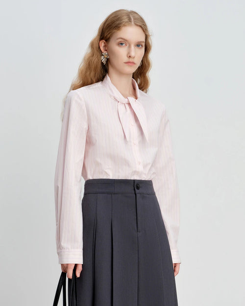 Striped Cotton Bunny-Tie Collar Shirt