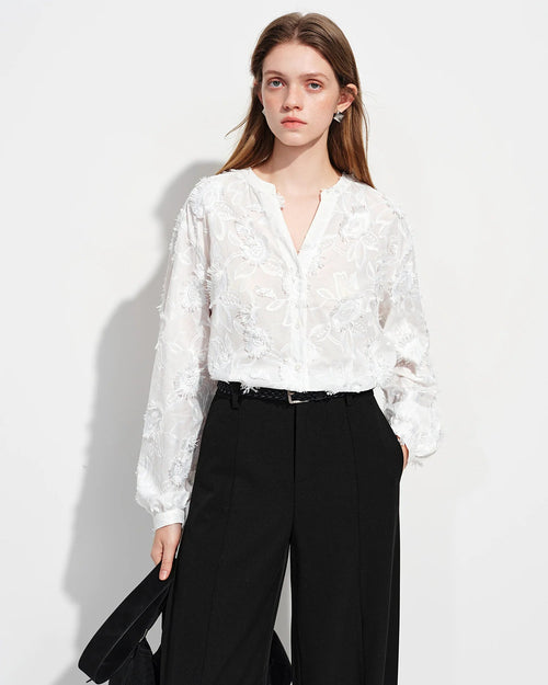 3D Jacquard V-Neck Long Sleeve Shirt