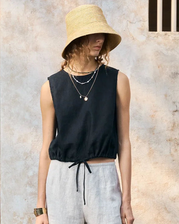 Linen Drawstring Crew Neck Cropped Vest