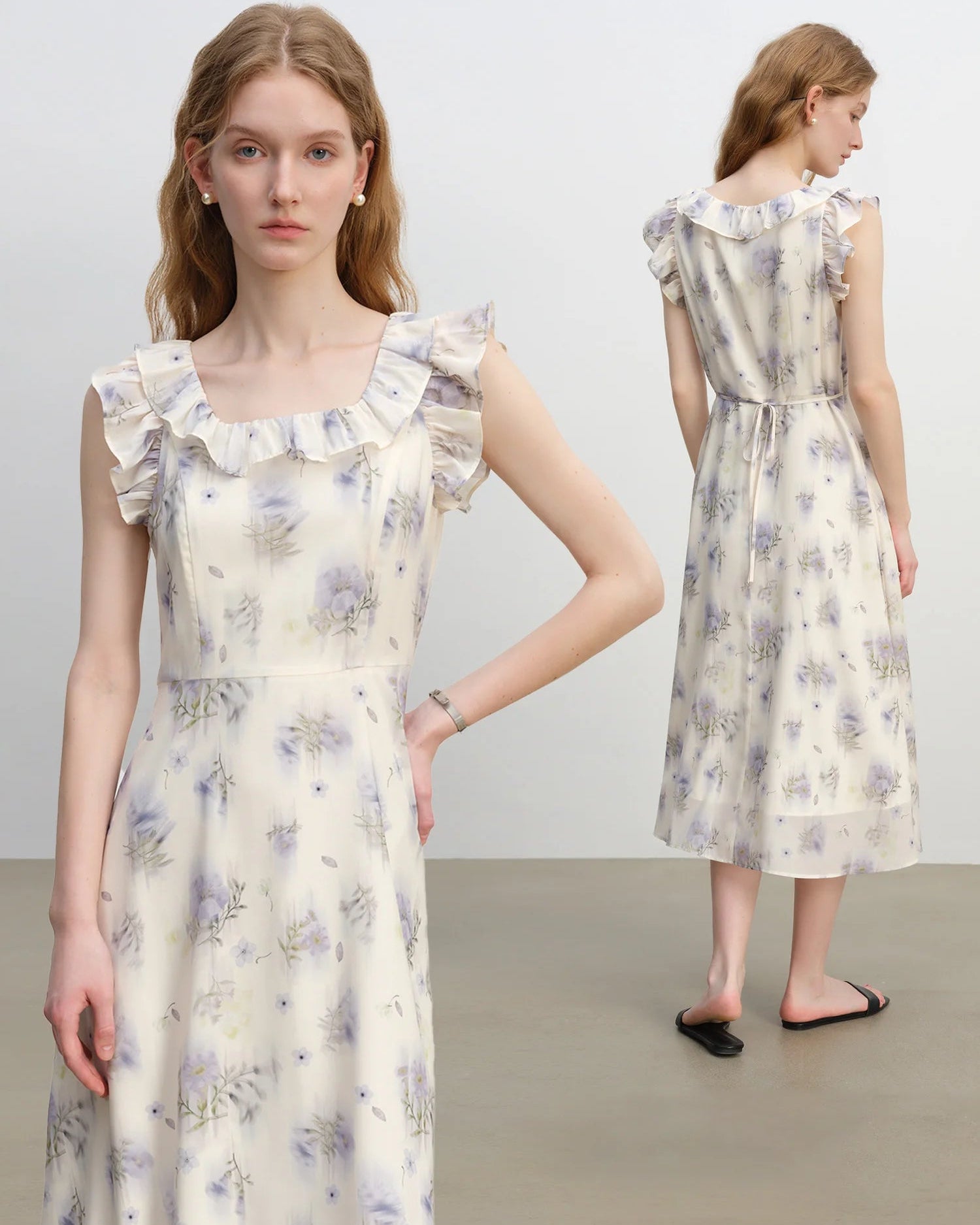 Printed Square Neck Fitted Waist Dress