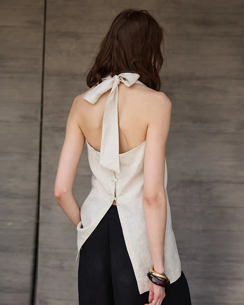 Sleeveless Linen Backless Halter Top