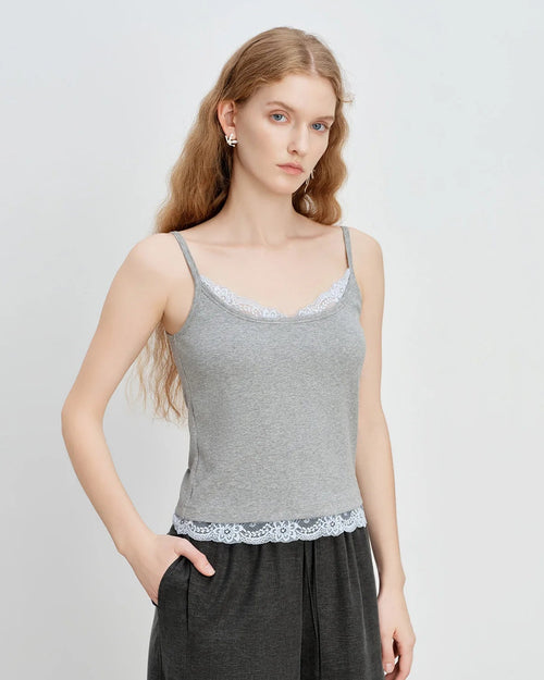 Women's ribbed lace trim camisole, featuring breathable nylon-spandex blend and delicate scalloped edges for effortless spring-summer layering or weekend lounging.