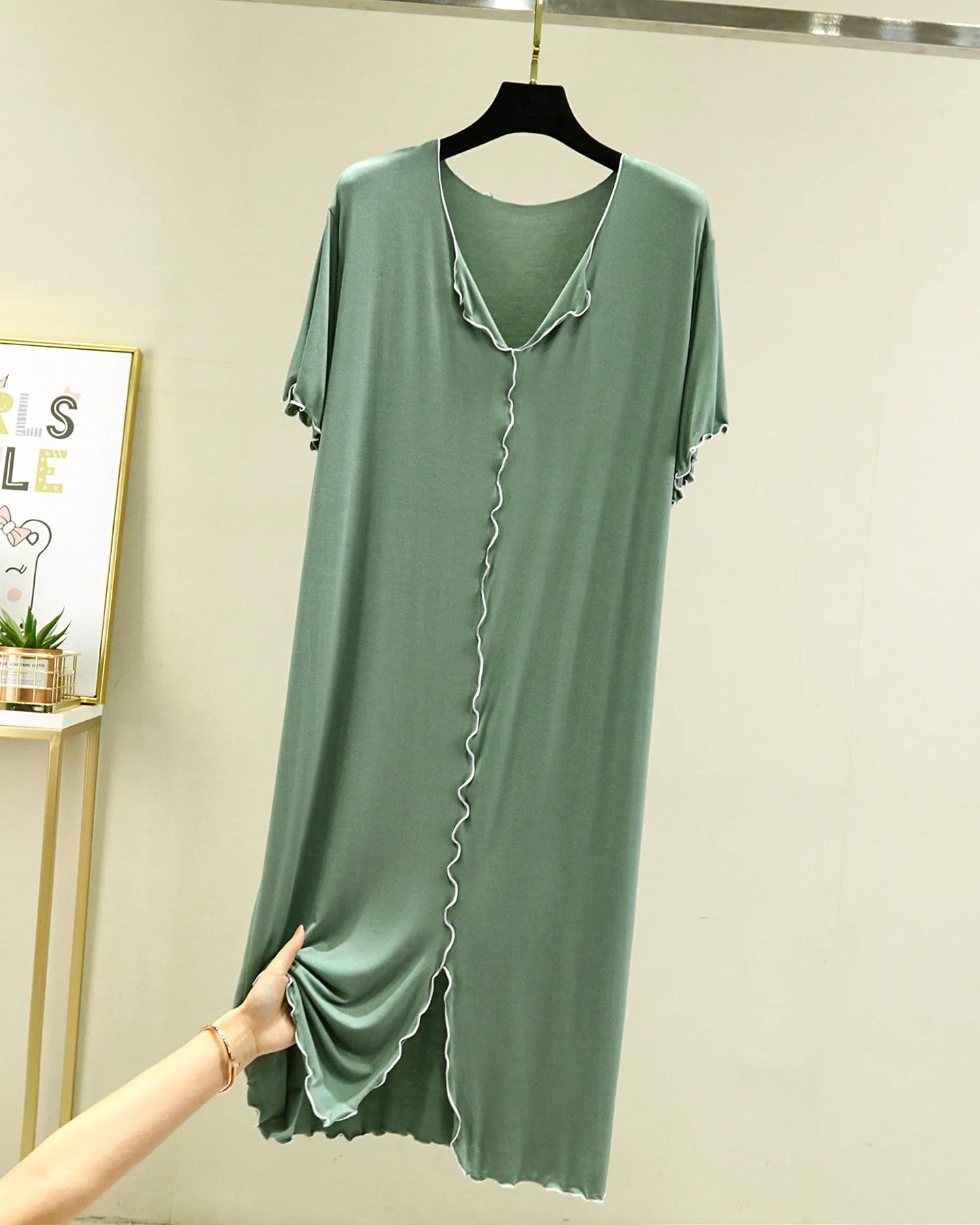 Modal V-Neck Short-Sleeve Mid-Calf Sleep Dress